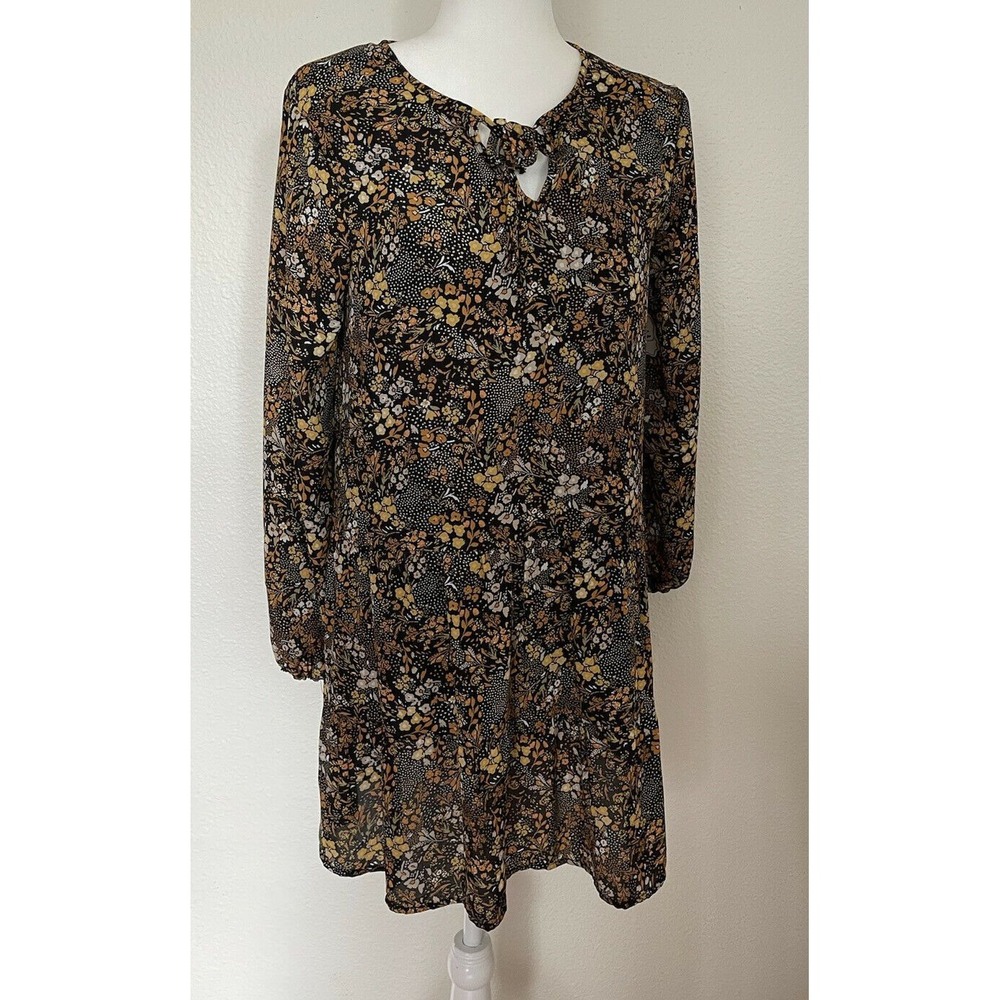 AUW Womens Long Sleeve Knee High Shift Dress Black Yellow Floral Sz Med NWT